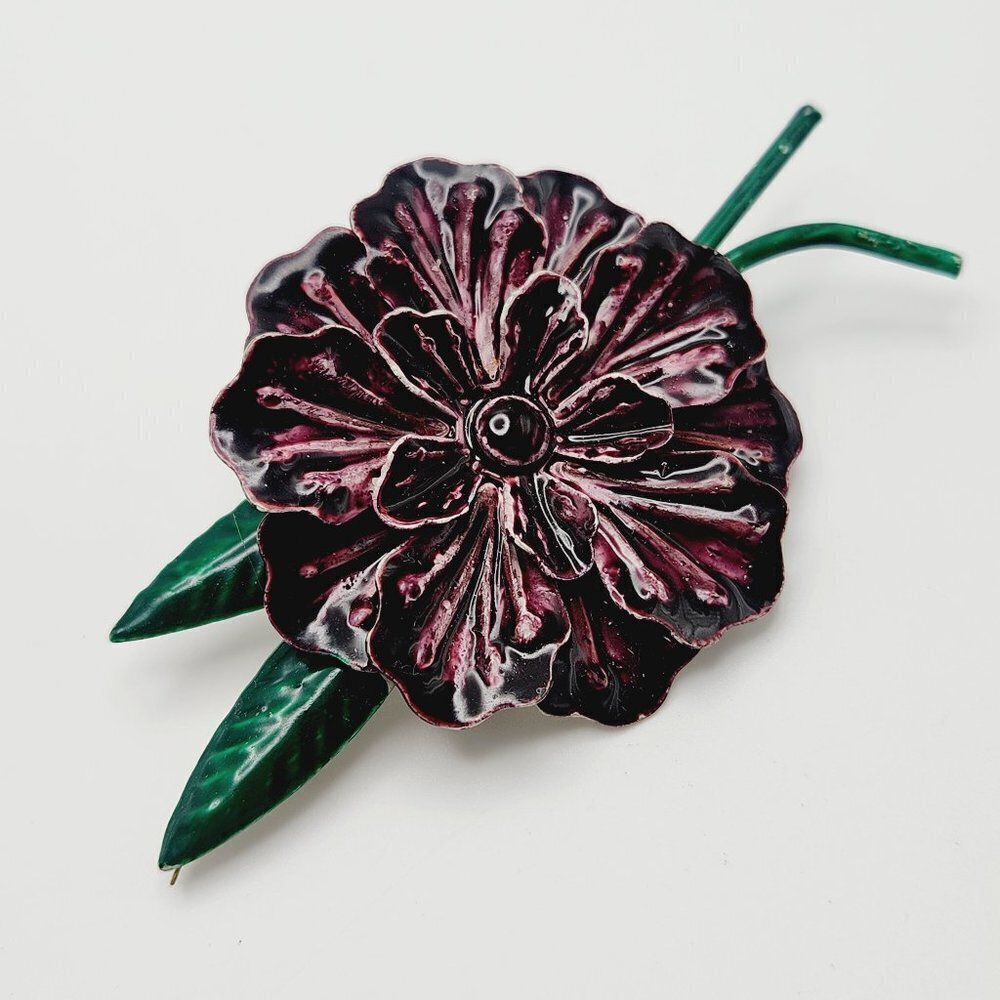 Vintage USSR Soviet Purple Flower Floral Handpainted Enamel Metal Brooch Pin